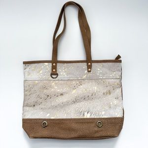 Myra Bag Gold Flecked Calf Hair Leather Zip Top Tote